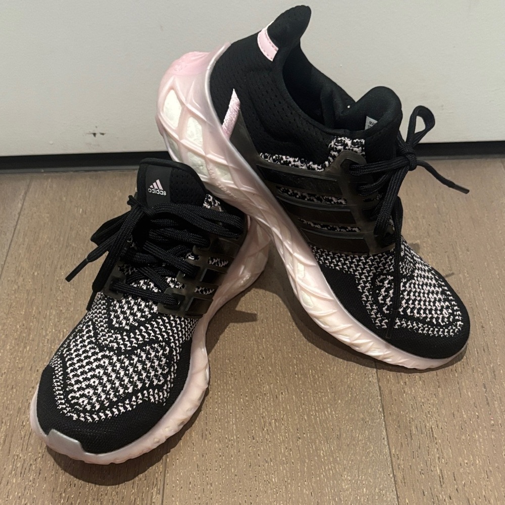 Adidas Black and White Knit Sneakers with Pink Accents